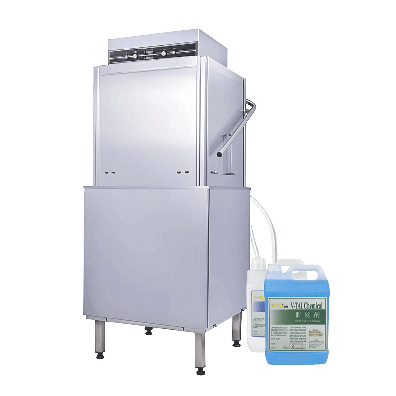 V-TAI Three-Door Hood Type Dishwasher - Built-in Dispensers & Top Controls V-TAI three-door hood type dishwasher with top-mounted electrical box, integrated detergent and rinse aid dispensers, transparent background.