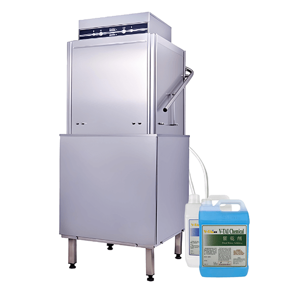 V-TAI Three-Door Hood Type Dishwasher - Built-in Dispensers & Top Controls V-TAI three-door hood type dishwasher with top-mounted electrical box, integrated detergent and rinse aid dispensers, transparent background.