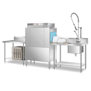 V-TAI conveyor basket dishwasher layout diagram, with pre-rinse sink, high-pressure faucet, and work table.