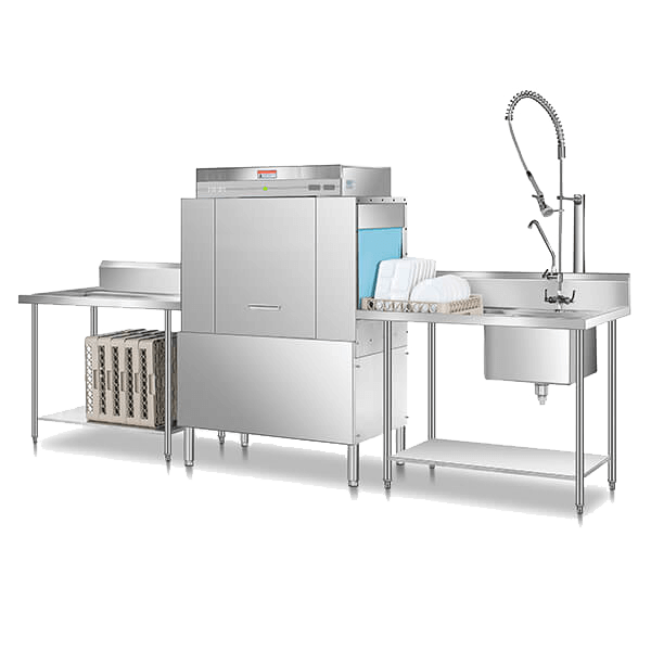 V-TAI conveyor basket dishwasher layout diagram, with pre-rinse sink, high-pressure faucet, and work table.