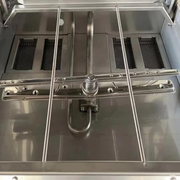 V-TAI Hood Type Dishwasher Interior - 304 Stainless Steel & Advanced Cleaning Arms Internal view of V-TAI hood type dishwasher showing 304 stainless steel, wash and rinse arms, and bottom filter screen.