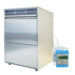 V-TAI undercounter glass washer with integrated detergent and rinse aid dispensers.