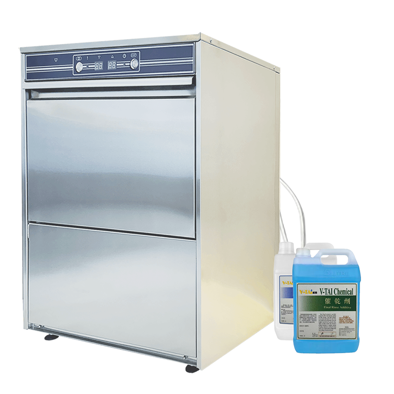 V-TAI Undercounter Glass Washer with Built-in Detergent Dispensers - Easy Installation V-TAI undercounter glass washer with integrated detergent and rinse aid dispensers.