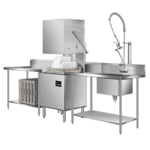 V-TAI hood type dishwasher installation setup with work tables, dish racks, baking tray rack, and high-pressure faucet.