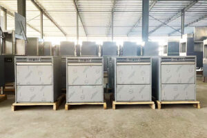 V-TAI factory workshop with rows of finished undercounter glass washers ready for packing and shipment.